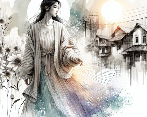 Serene Woman in Pastel Dress Against Tranquil Landscape