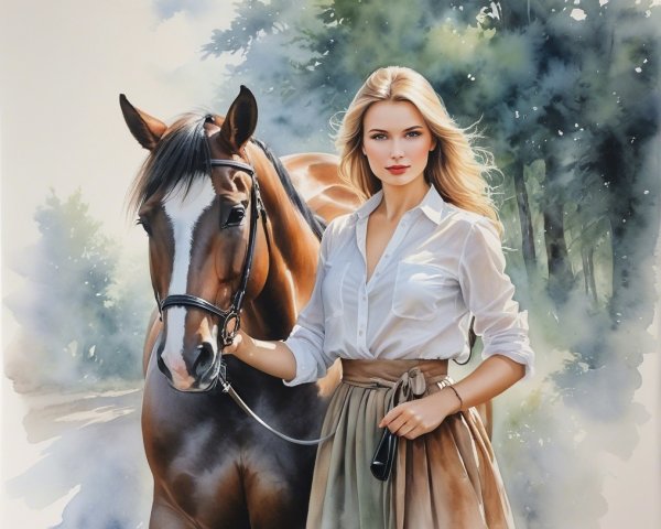 Young Woman with Horse in Serene Outdoor Setting