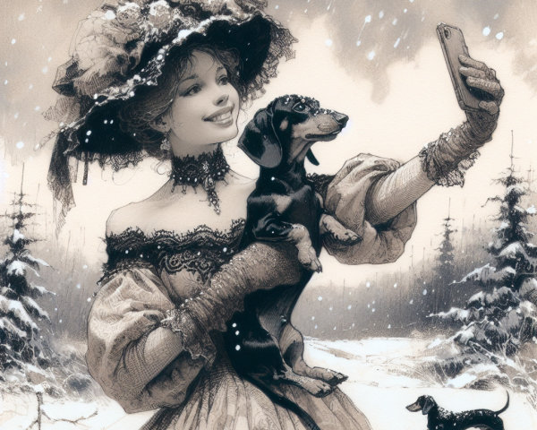 Woman in Vintage Gown with Dachshunds in Snowy Scene