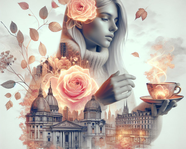 Serene Woman with Teacup Surrounded by Roses and Cityscapes