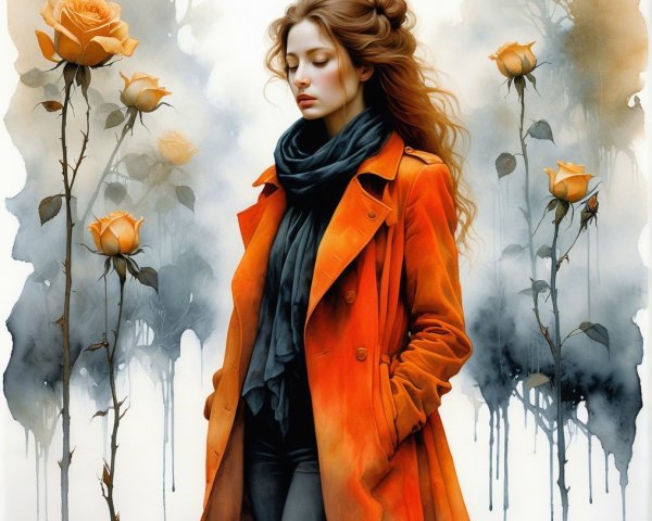 Young woman in orange coat with roses in soft hues