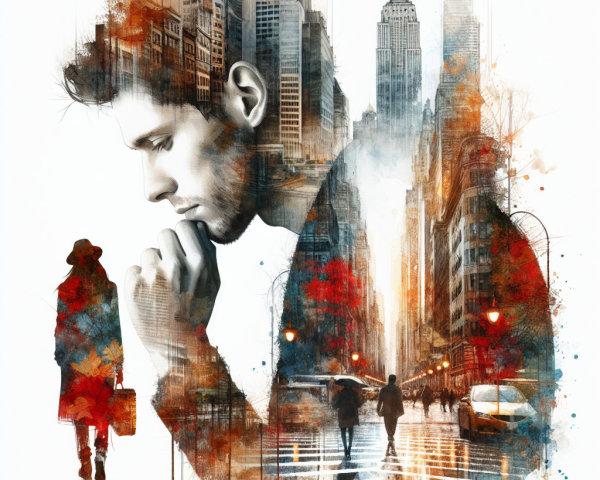 Contemplative Young Man with Cityscape Silhouette