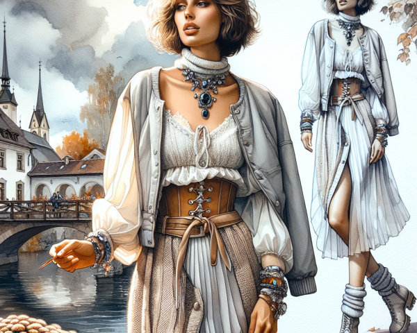 Stylish Young Woman by Serene River in Autumn Setting