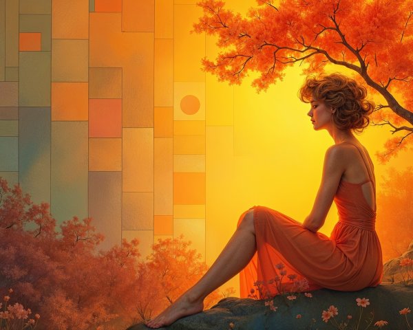 Woman in Orange Dress Amidst Autumn Trees and Light