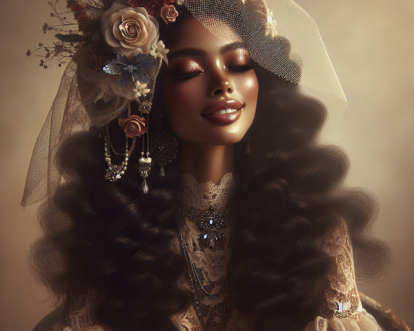 Elegant Figure in Lace Dress with Flowers and Veil