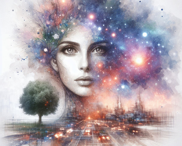 Ethereal Portrait Blending Woman and Cosmic Landscape
