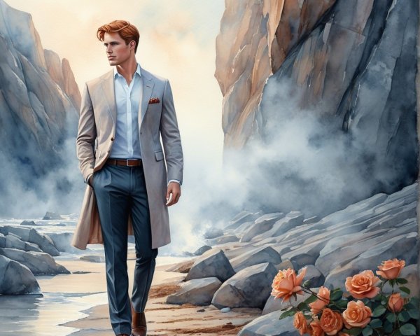 Young man in trench coat by misty rocky shore