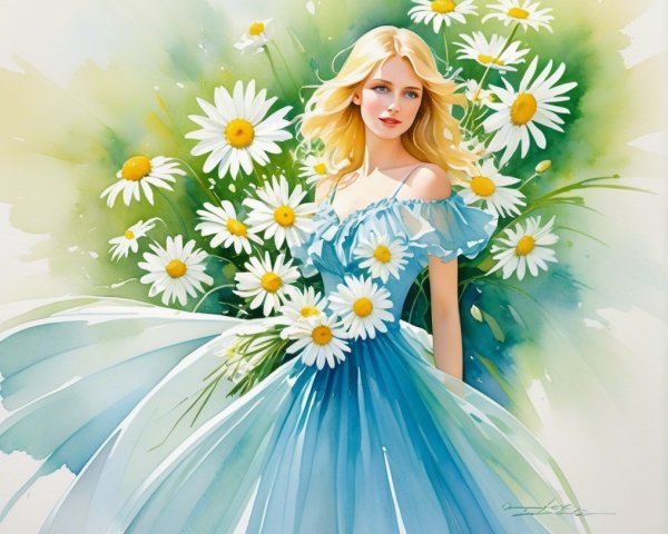 Woman in Blue Gown Surrounded by Daisies in Field