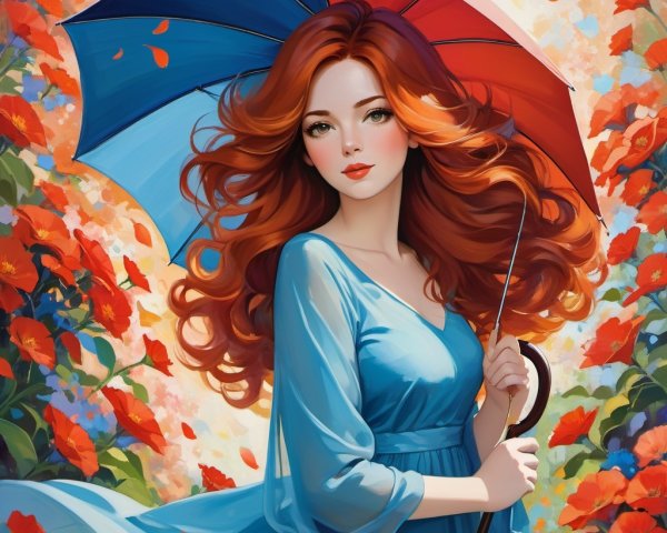 Woman with Red Hair Under Colorful Umbrella in Nature