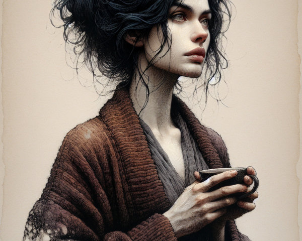 Serene Young Woman in Cozy Brown Robe Holding Cup