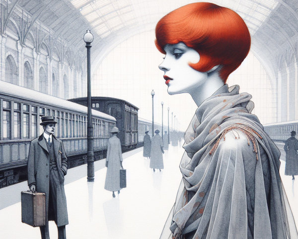 Stylized monochromatic train station scene with figures