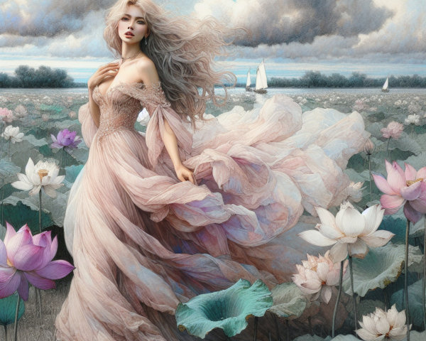Serene Woman in Ethereal Gown Among Lotus Flowers