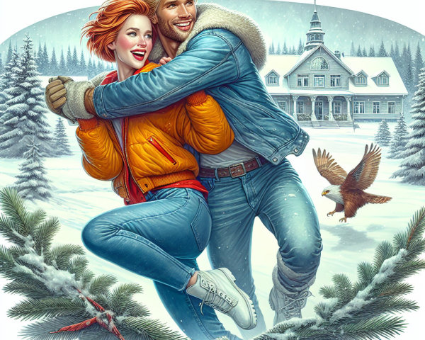 Cartoon of a Couple in Winter Clothes Embracing in Snow