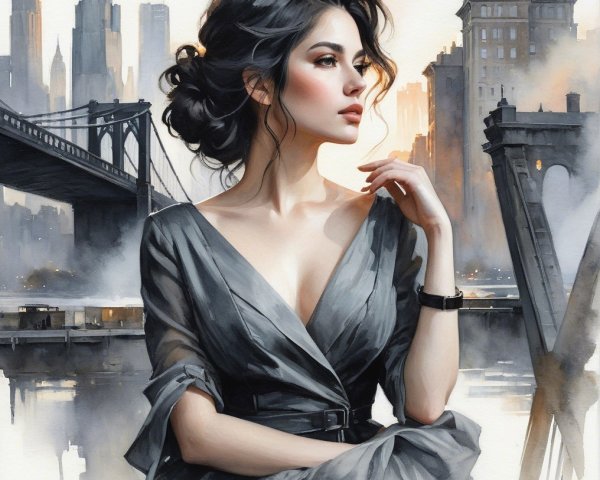 Elegant Woman in Gray Dress Against Misty Cityscape