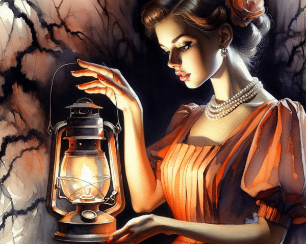 Woman in Orange Dress with Lantern in Vintage Setting
