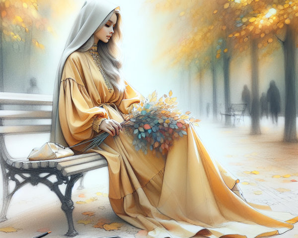 Autumn Scene with Woman in Yellow Dress and Leaves
