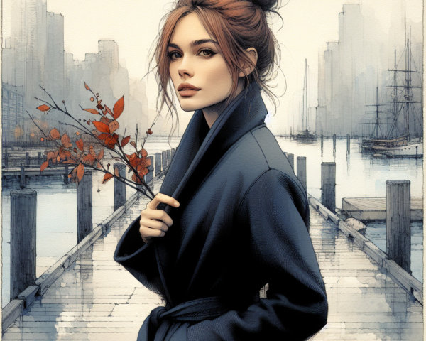 Young Woman in Dark Coat on Urban Dock with Leaves