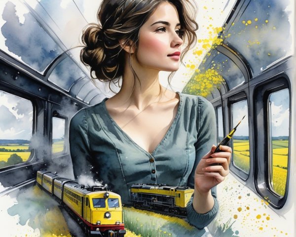 Young Woman with Paintbrush in Train Interior