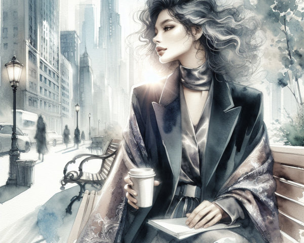 Stylish Woman with Coffee in Urban Park Setting