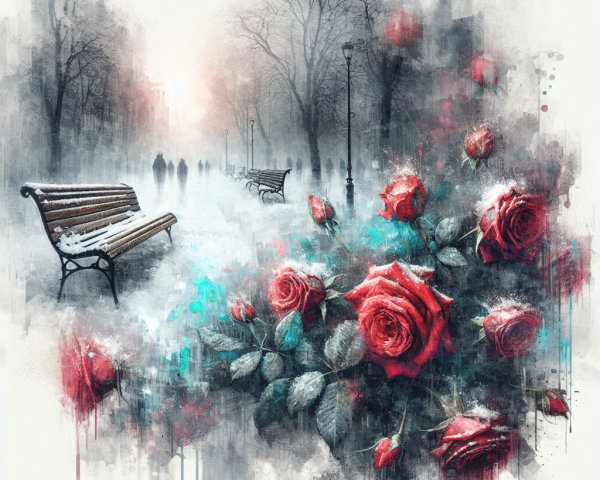 Winter Park Scene with Snow-Covered Red Roses