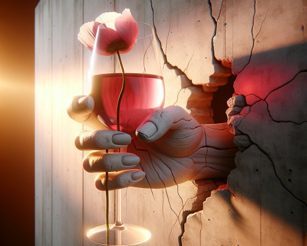 Surreal Scene of Gray Wall with Hand and Pink Glass