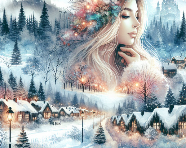 Winter Wonderland Watercolor with Woman in Profile
