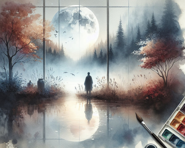 Lone Figure by Tranquil Lake Under Full Moon