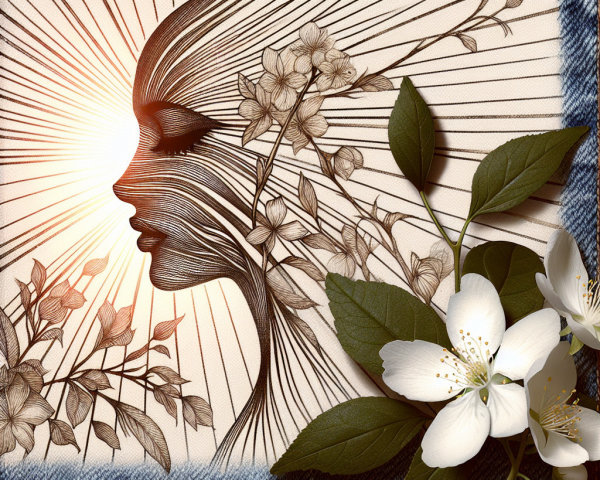 Stylized Woman's Profile with Floral and Denim Elements