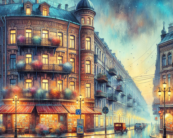Charming Dusk Street Scene with Vintage Cars and Flowers