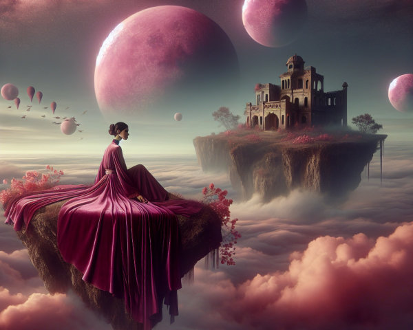 Serene figure in pink gown on a floating island scene