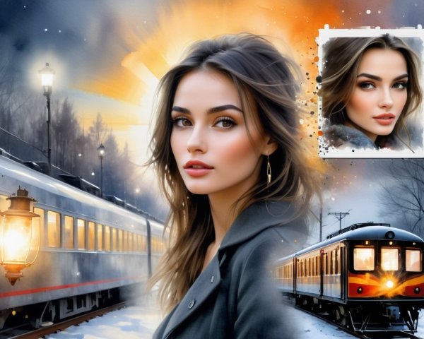 Woman on Snowy Train Track at Sunrise