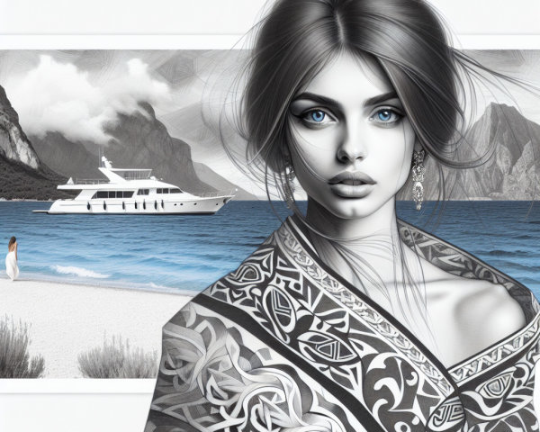 Monochrome Artwork of Woman with Coastal Landscape