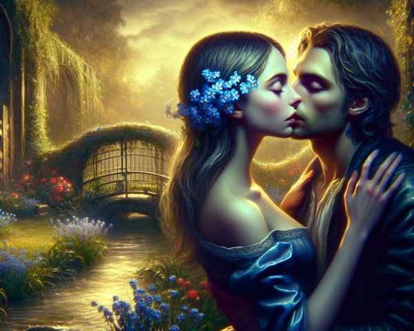 Couple Embraces in Enchanted Garden Setting