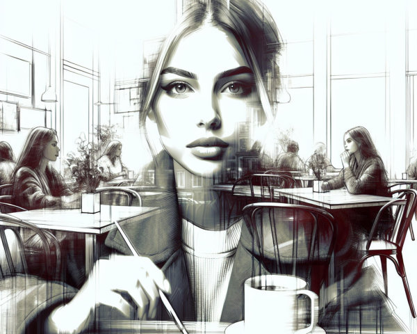 Young woman in café with pencil and artistic ambiance