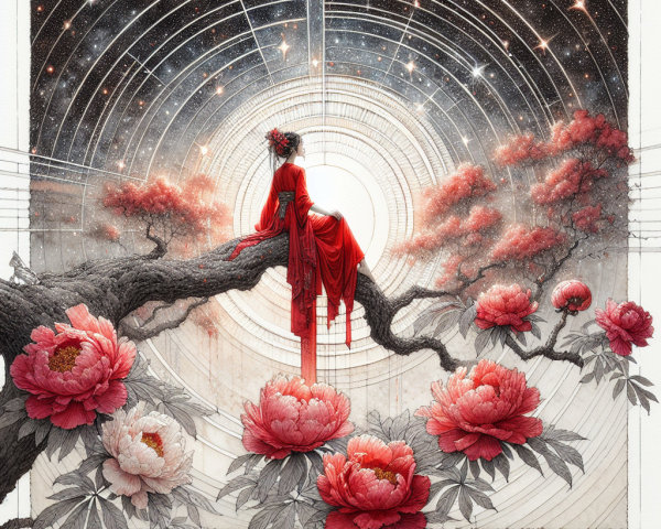 Serene Figure in Red Robe Amidst Cosmic Blooms