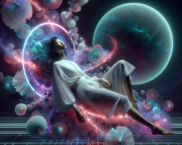 Serene Figure in Vibrant Cosmic Landscape