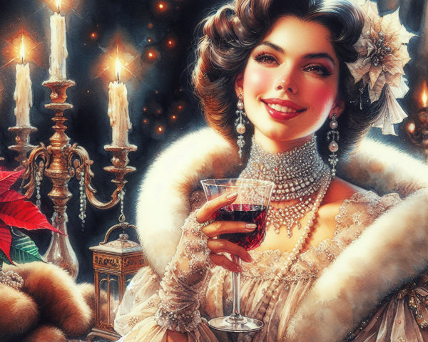 Glamorous Woman in Vintage Attire with Red Wine