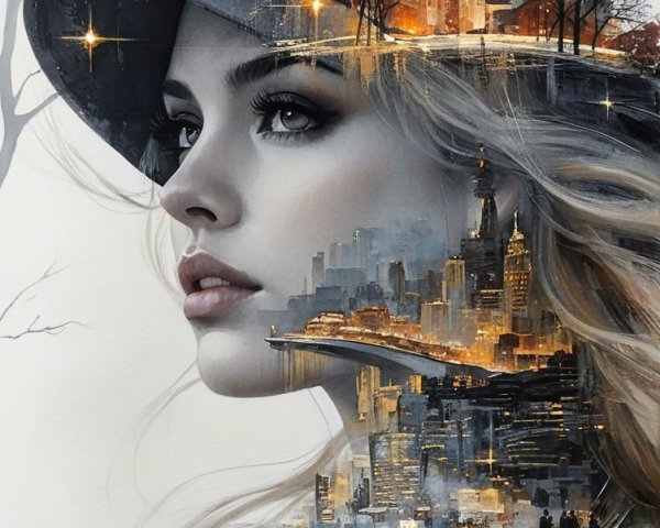 Woman in Hat Blended with Vibrant Cityscape