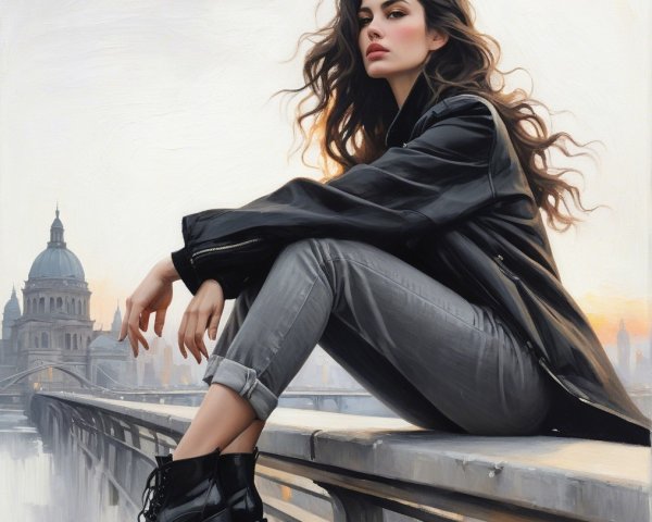 Young Woman in Leather Jacket Overlooking Cityscape