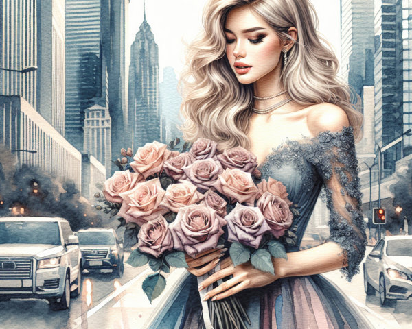 Fashionable Woman with Pink Roses in Cityscape