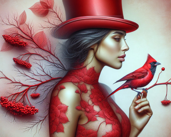 Woman with red tattoos and cardinal in elegant attire