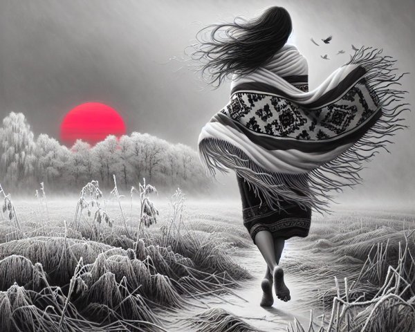 Solitary Figure on Misty Path with Red Sunset