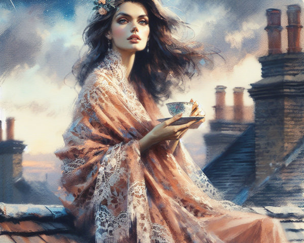 Young Woman in Lace Shawl on Rooftop at Twilight