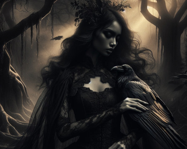 Mysterious Woman in Dark Gown with Raven in Forest