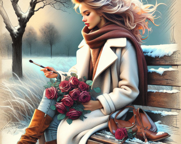Winter Scene with Woman in White Coat and Roses
