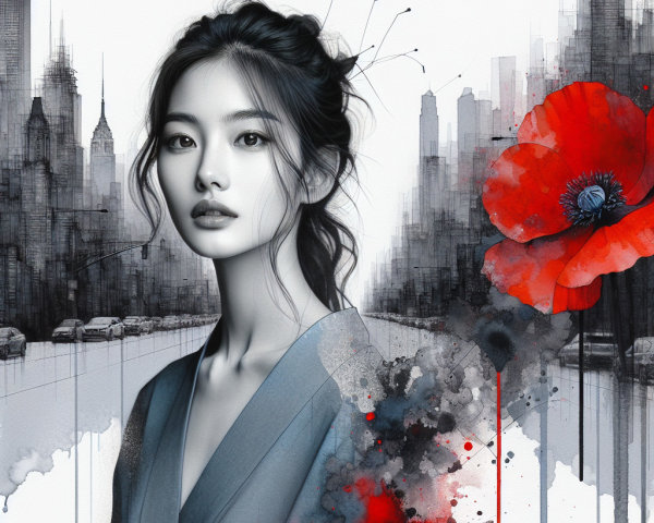 Digital Artwork of Woman in Stylized Cityscape
