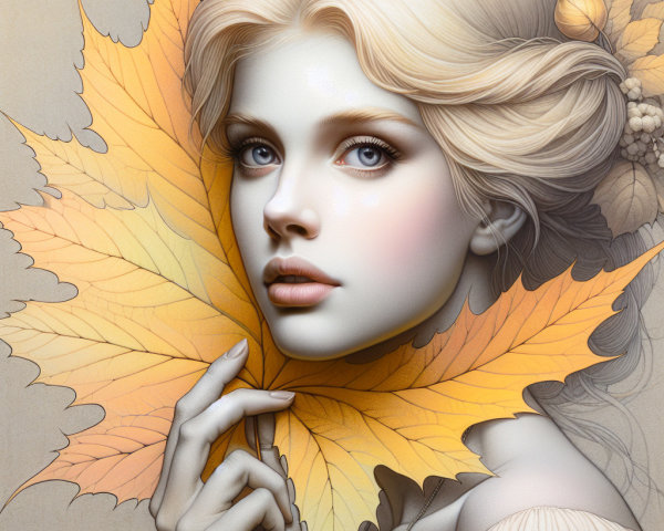 Ethereal Portrait of a Young Woman with Maple Leaf