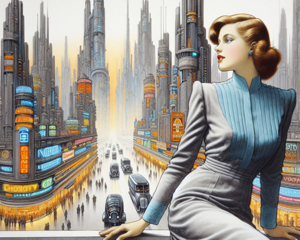 Futuristic Cityscape with Glamorous Woman and Vintage Cars