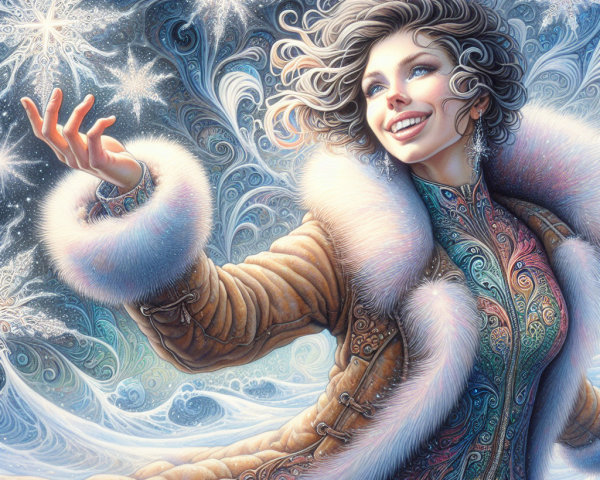 Joyful Woman in Fur Coat Reaching for Shimmering Stars