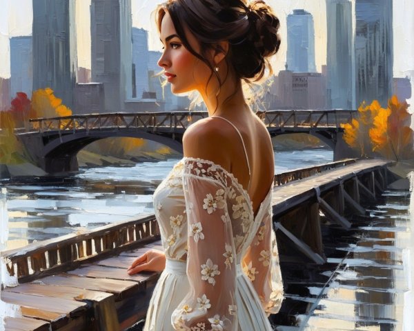 Young woman in white dress by serene river at sunset